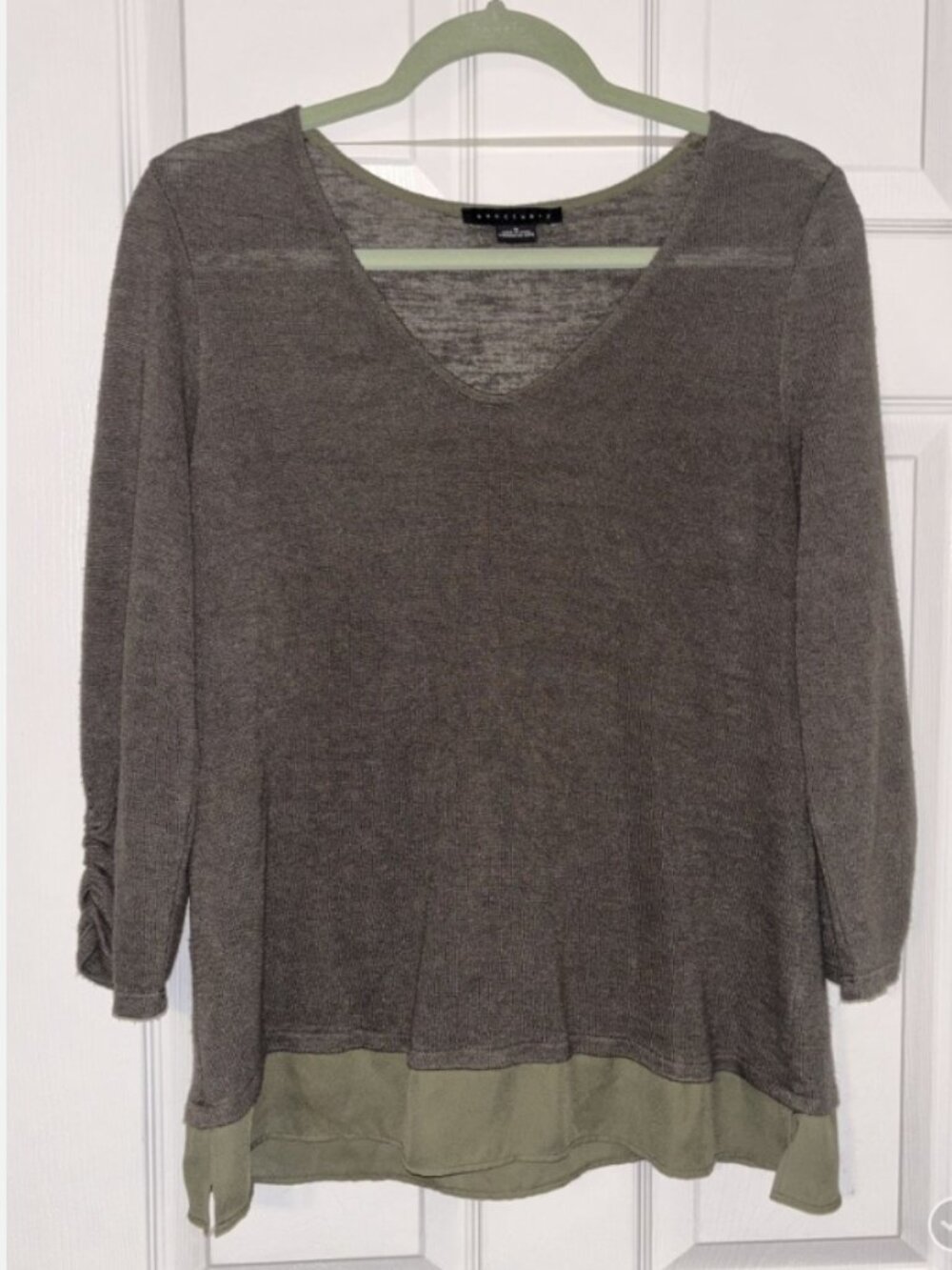 Sanctuary Mixed-Media Layered Hem Top - Olive Green Light Knit V-Neck M